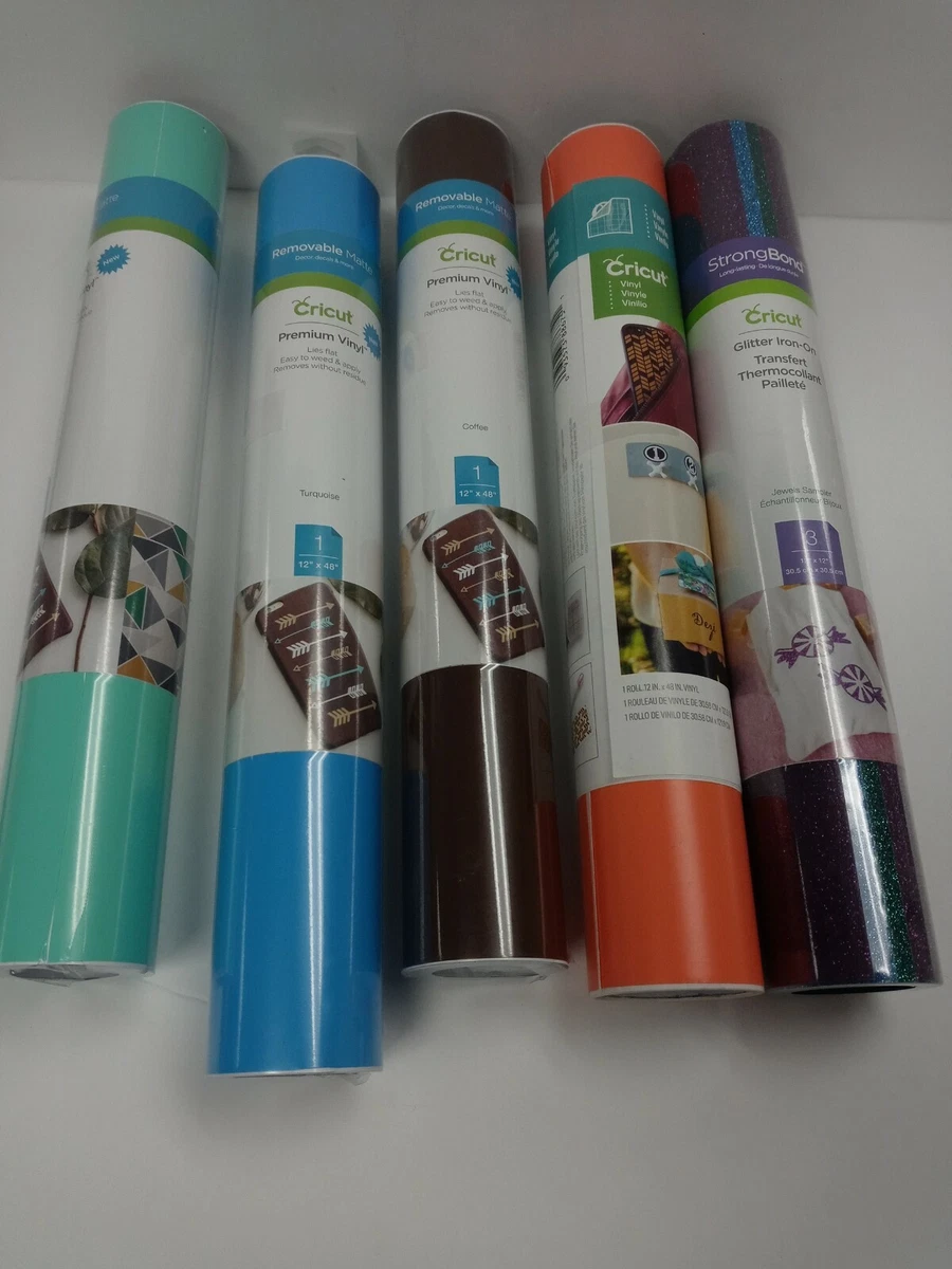 LOT OF 4 CRICUT PREMIUM VINYL 12”x48” VINYL ROLLS AND 1 STRONGBOND 12X12  NEW