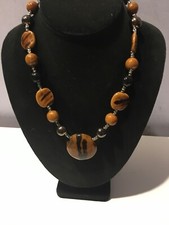 HANDCRAFTED BOHO CERAMIC POTTERY BEADS NECKLACE IN BROWN TONE COLORS 16"