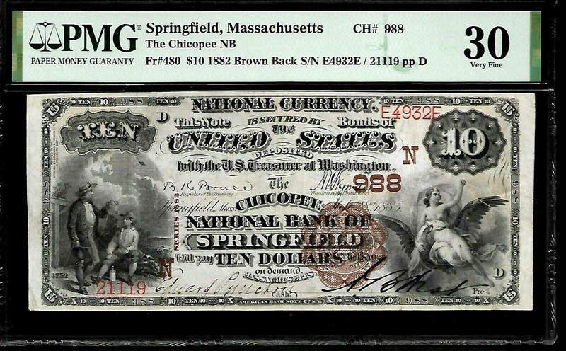 US 10 Dollars 1882 Springfield PMG 30 The Chicopee NB Fr# 480 Brown Seal
