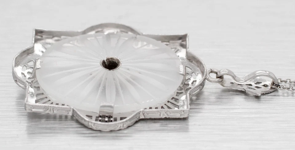 Antiguo colgante Art Deco de diamantes y cristal de roca - Collar de oro blanco de 14k - 17" Foto 4 de 4