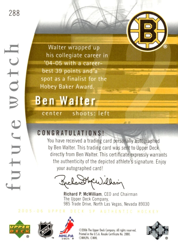 Ben Walter - 2005-06 SP Authentic Future Watch Auto /999 Rookie Card #288 - Image 2 of 2