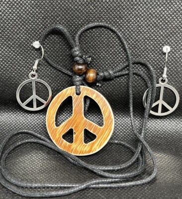 Vintage Hippy BOHO Brown Peace Sign Necklace Silver Hook Earrings Jewelry  Set
