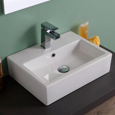 Ogomondo Lavabo Da Appoggio Ceramica Bianco Rettangolare Lavandino 58x46x16 Cm