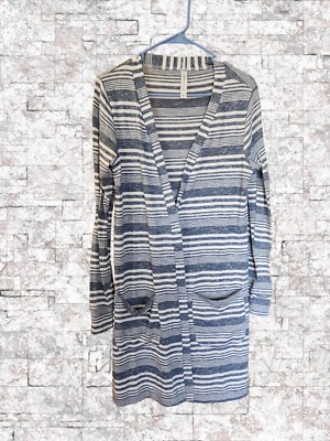 Tickled Teal Striped Long Open Cardigan Duster With Pockets Size