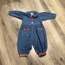 Buster Brown Vintage Girls Plaid Bow Denim Jumpsuit Size Bodysuit 18 months