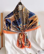 100% Silk 41" large Square Scarf Women Shawl Wrap floral orange blue navy HD91-3