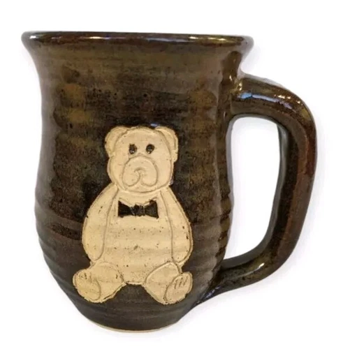 Signed Studio Pottery Mug Bear Cup Coffee Teddy Tea Ceramic Art Clay Brown Cozy