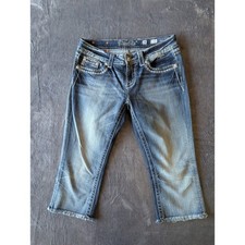 Miss Me Easy Capri Jeans 28 Medium Wash Rhinestone Embellished Frayed JE5641EP2