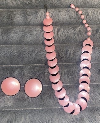 Vintage 1950 s Pink & Black Choker Necklace & Clip On Earrings
