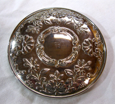 Hand Mirror Round Pocket Purse Embossed Silverplate Repousse Flowers 3'' Vintage