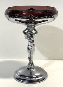 Art Deco Farber Bros. New York Chrome Candy Dish Glass Bowl Figural