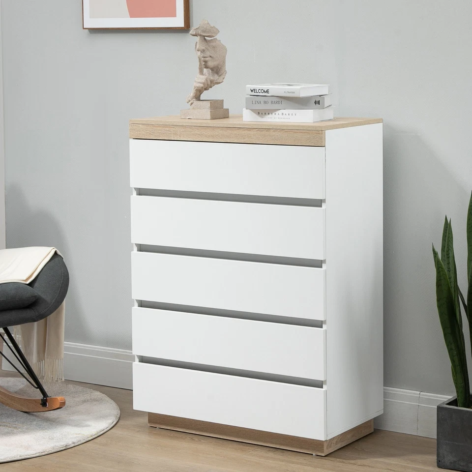 HOMCOM Cassettiera 5 Cassetti Minimal in Truciolato Bianco e Rovere - Immagine 3 di 4