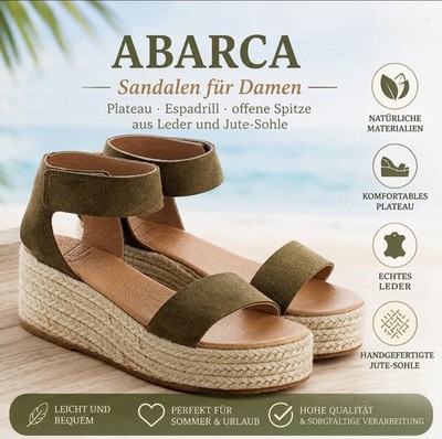 ABARCA Sandalen für Damen, Plateau, Espadrill, offene Spitze, Leder ,Jute-Sohle