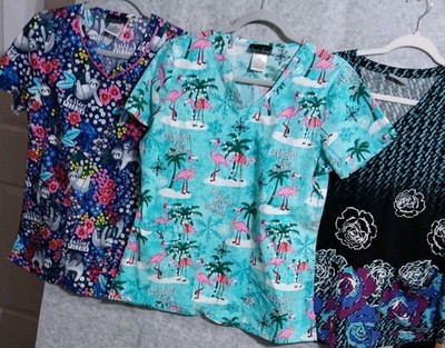 Lot Of 3 Scrubs 38'' (2) Sz M Cherokee (1) Sz L Greys Anatomy Flamingo Sloth EUC 