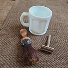 Lot Vintage Brass Razor And Albright  Shaving Brush With Milk Glass Shaving Mug