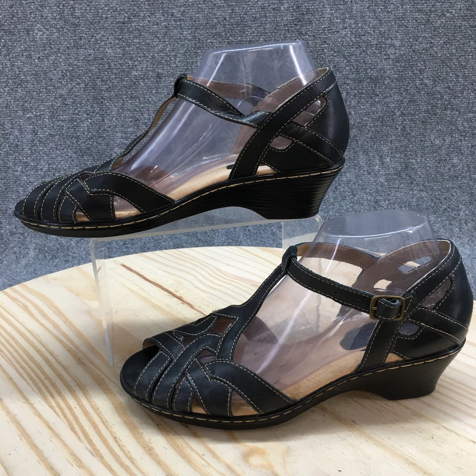 Softspots Sandals Womens 8 M Ankle Strap Black Leather Buckled Peep Toe Casual - Image 2 of 4