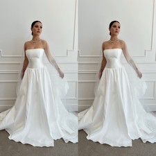 Simple Classic Wedding Dresses Satin A Line Strapless Sweep Train Bridal Gown