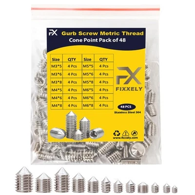 FIXXELY Grub Screws Assorted Pack of 48 (M3 M4 M5 M6 ) Cup Point & Hex Head 304
