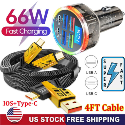 65W Fast Car Charger 6-Port Adapter &Cable For Motorola Moto G Play/Stylus/Power
