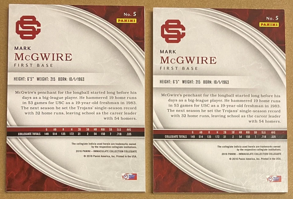 Mark Mcgwire 2015 Panini Immaculate Collegiate Blue #/10 Red #/25 Cardinals USC - Image 4 of 4