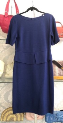 JOHN Blue Wool Blend Knit Short Sleeve Peplum Waist Sheath