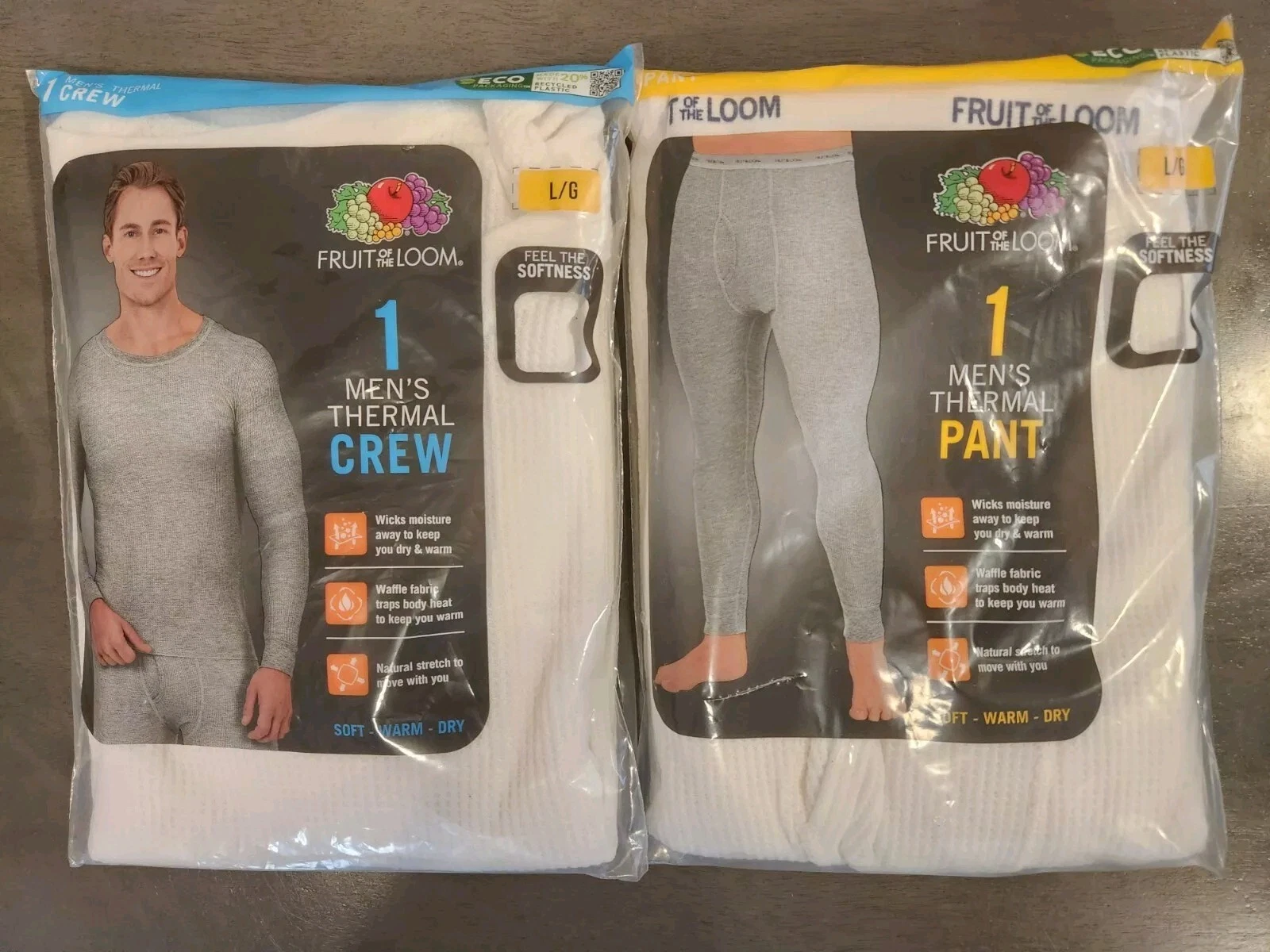 New Set Of Fruit Of The Loom Large White Men's Thermal Crew Top & Bottom