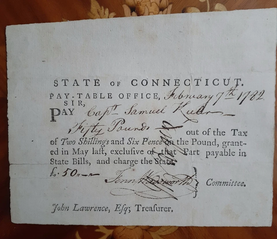 1782 Connecticut Pay Table Office Colonial Currency Note 50 pounds to Captain - Image 2 of 4