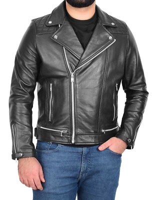 Herren Echt Rindsleder Schwarz Biker Lederjacke Trendy Fitted Cafe Racer Brando
