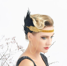 1920s Headband Gold Beaded Black Feather Headpiece Flapper Gatsby Roaring Party