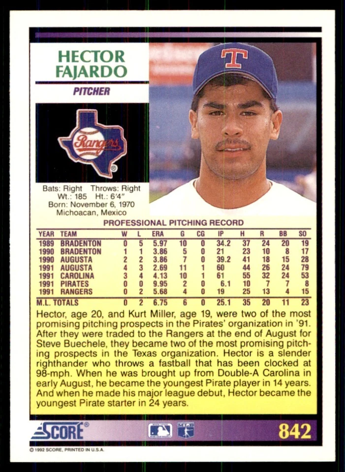 1992 Score Hector Fajardo RC Texas Rangers #842 - Image 2 of 2