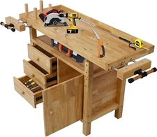 50'' Wood Workbench,330Lbs Capacity Work Bench 3 Drawers Storage Shelves Cabinet