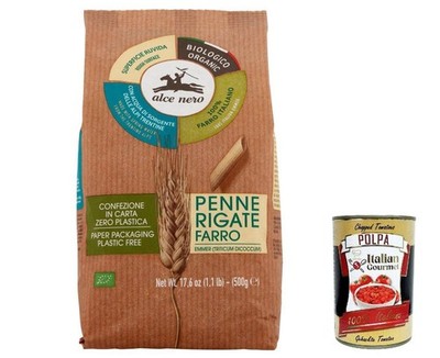 12x Alce Nero Penne Rigate Al Farro Mit Emmer Wheat Vollkorn 500g+Polpa 400g