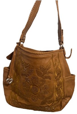 LOCKHEART POCKET TOTE BEADED FLOWERED LG. Cashew Tan Leather hobo shoulder bag