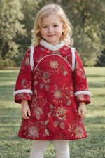 Kids Red Embroidery Gold Flower Faux Fur Chinese Dress