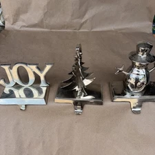 3 Christmas Stocking Hangers Silver JOY, Christmas Tree, Snowman Made In India