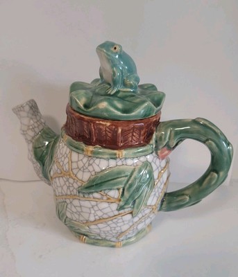 Majolica Teapot Frogs Crackle Whimsical Ceramic