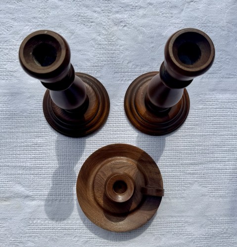 Lot 3 Vintage Turned Wood Candlesticks 7.75, 3.5 Tall Farmhouse Country Decor - Picture 2 of 11