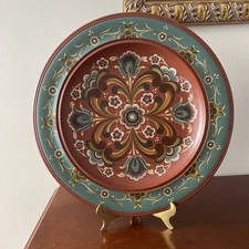 HUGE Norwegian Rosemaling Wall Hanging Plate Hand Painted Wood 15” w/ Wall Hook