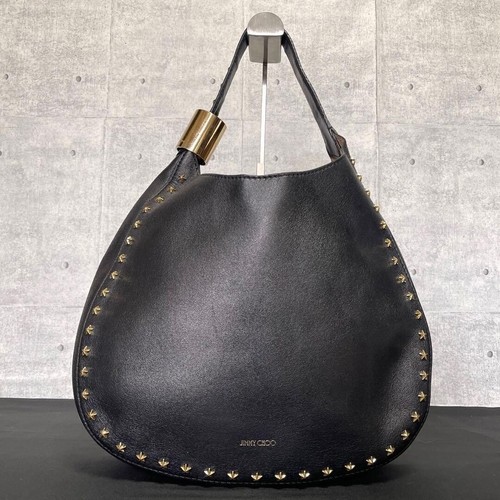 Jimmy Choo Stevie Black Calf Leather One Handle Shoulder Bag Gold Stud Authentic