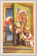 Vintage Norwegian God Jul Christmas Postcard Kids Santa Cat 1950s