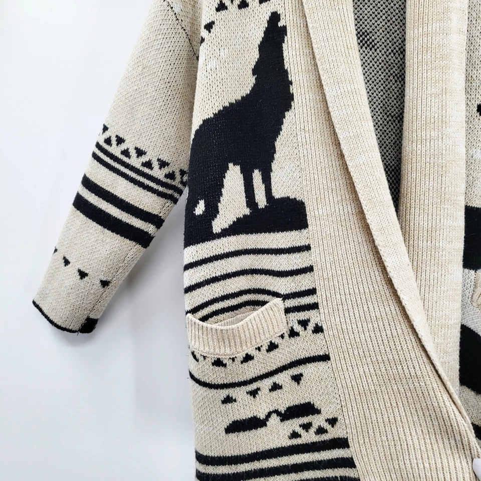 Obey Stone Beige & Black Wolf Western Print Open Front Knit Cardigan Women’s XS - Image 3 of 4