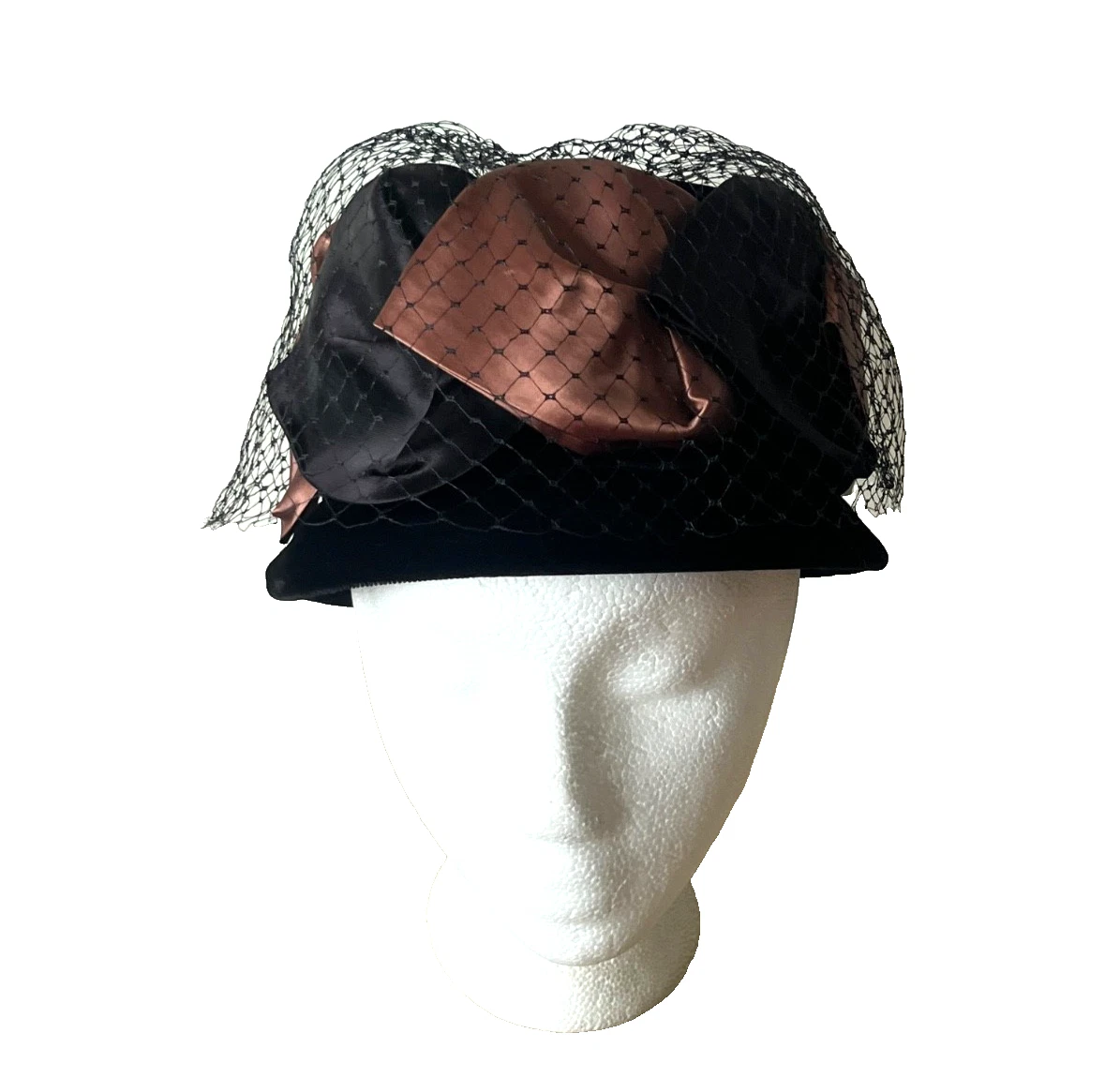 Vintage 30s 40s Rockabilly Satin Bowtie Felt Wool Pillbox Hat Black Womens USA Black felt sequins trim 1940s tilt hat pillbox main image 2