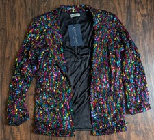 Anna-Kaci Women Long Sleeve Sparkle Sequin Open Front Blazer Jacket, L NEW 