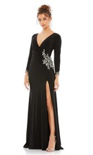 Mac Duggal Black Embellished Long Sleeve Faux Wrap Jersey Gown Size 12 $498
