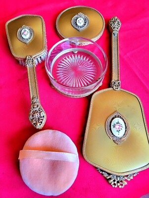 Vintage brush mirror and powder bowl Vintage Silver Plated Vanity Set With Hairbrush, Mirror and  main image 4
