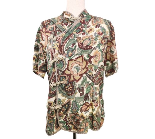 Vintage DELUXE 100 % Seide Damen chinesischer Stil Bluse Brokat Knotenverschluss Blumenmuster - Bild 1 von 13