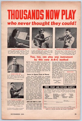 1946 US School Of Music Vintage Ad ABC Method Music Instrument Courses Study