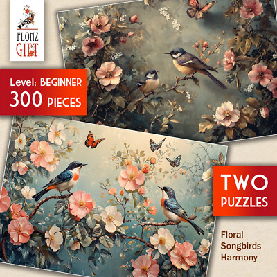 2 x JIGSAW PUZZLES 300pc ~ Floral Songbirds Harmony - vintage realism FG2047