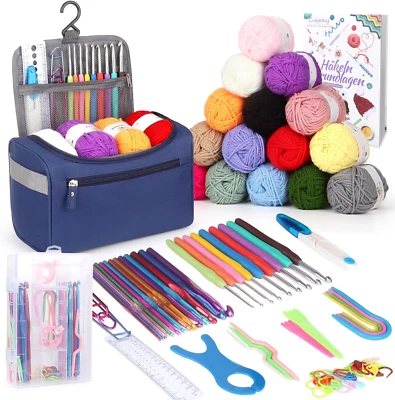 Coopay Tragbar Häkelset Für Anfänger, Häkelnadel Set Mit 15 Wolle, Tasche, Häkel