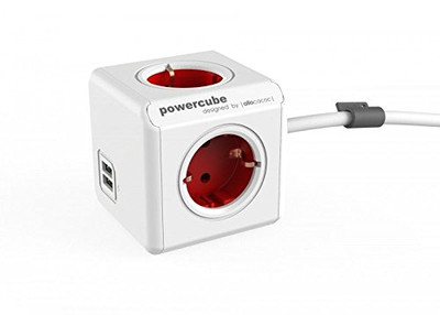 allocacoc PowerCube DuoUSB Extended Rot EU, 4 fach Steckdosenverteiler mit 2,1 A